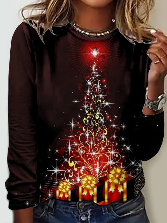 Casual Christmas Crew Neck Long Sleeve T-shirt