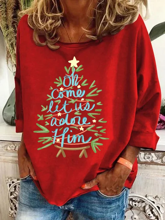 Casual Crew Neck Christmas Tree Sweatshirt