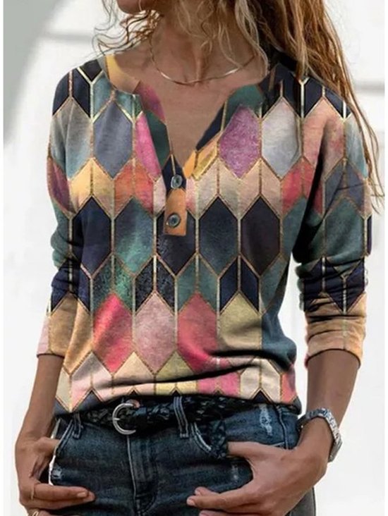 Casual Abstract Graphic V Neck Long Sleeve T-shirt