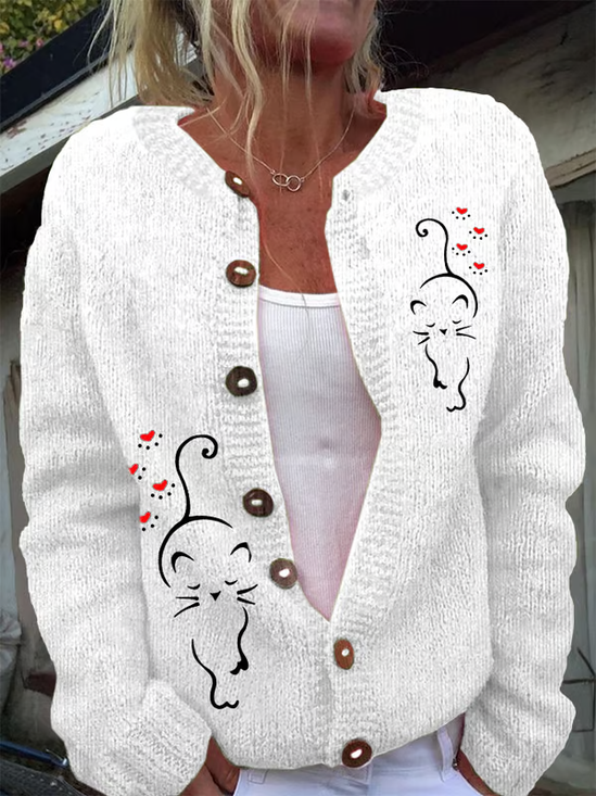 Women Knitted Cat Long Sleeve Comfy Casual Cardigan