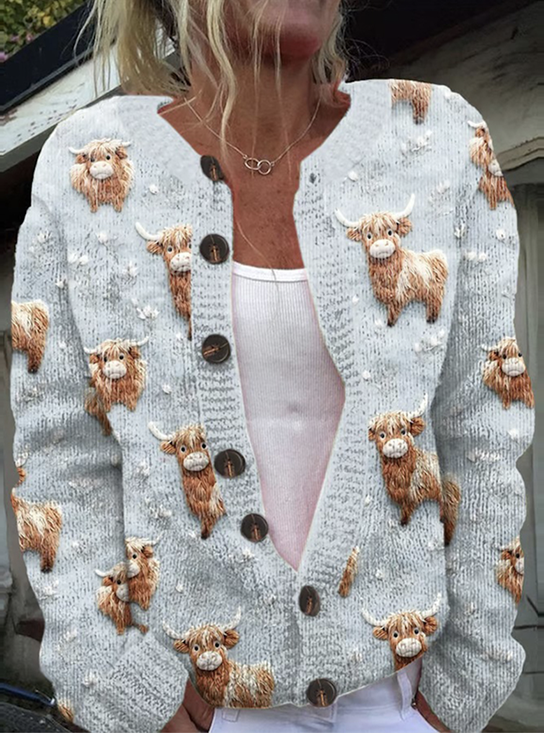 Women Wool/Knitting Painting Long Sleeve Comfy Casual Cardigan