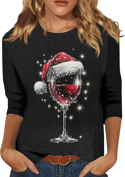 Crew Neck Long Sleeve Christmas Wine Glass Regular Medium Elasticity Loose Blouse For Women
