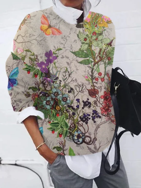 Casual Crew Neck Floral Sweatshirt Zipper