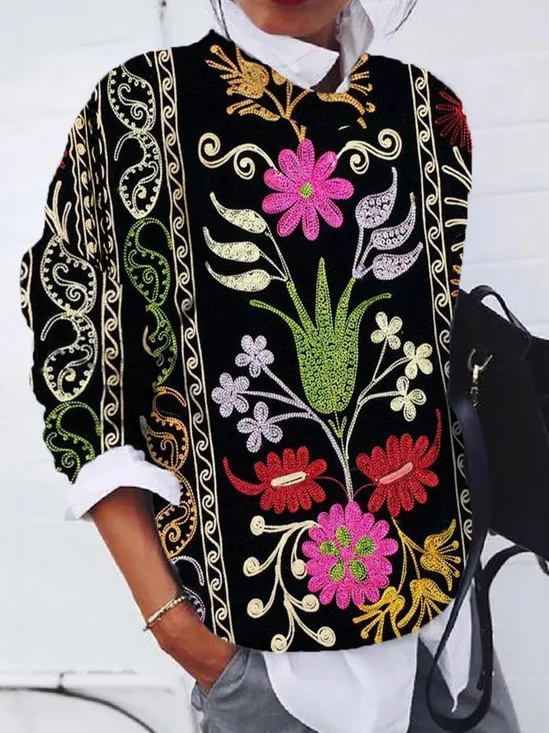 Casual Crew Neck Ethnic Sweatshirt Zipper