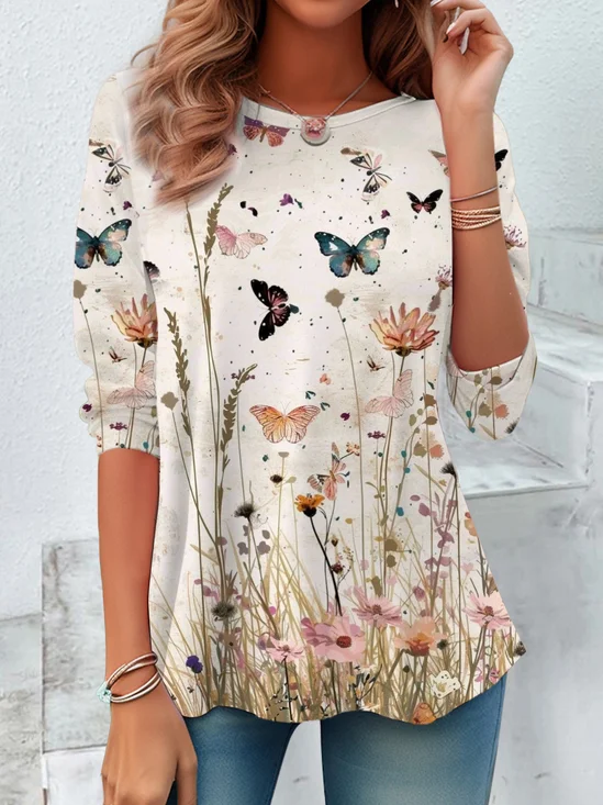 Casual Floral Crew Neck Long Sleeve T-shirt