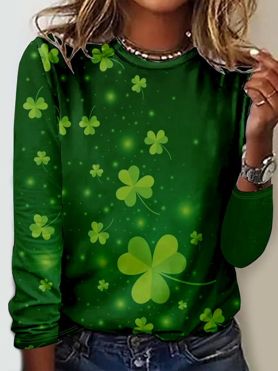 Casual Saint Patrick's Day Four-leaf Clover Crew Neck Long Sleeve T-shirt