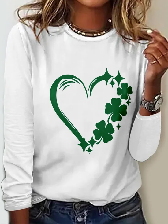 Casual Saint Patrick's Day Four-leaf Clover Crew Neck Long Sleeve T-shirt