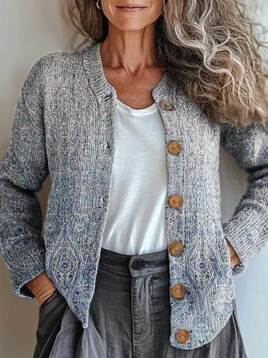 Women Knitted Paisley Long Sleeve Comfy Vintage Cardigan