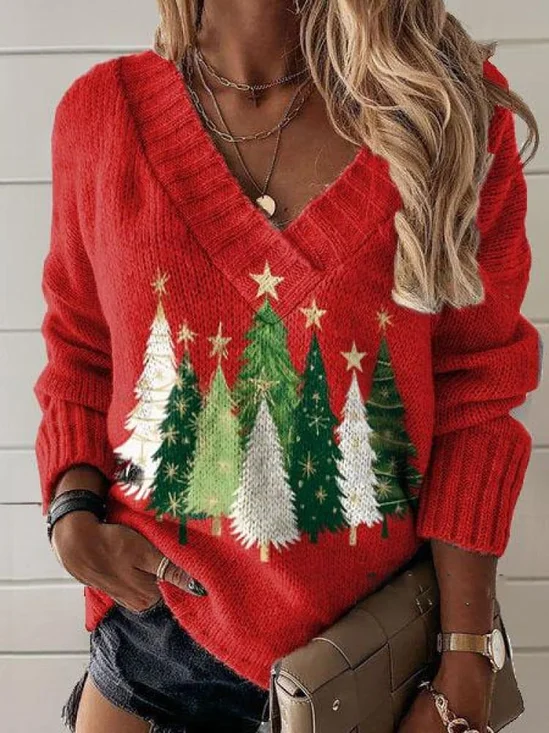 Casual V Neck Christmas Tree Print Sweatshirt