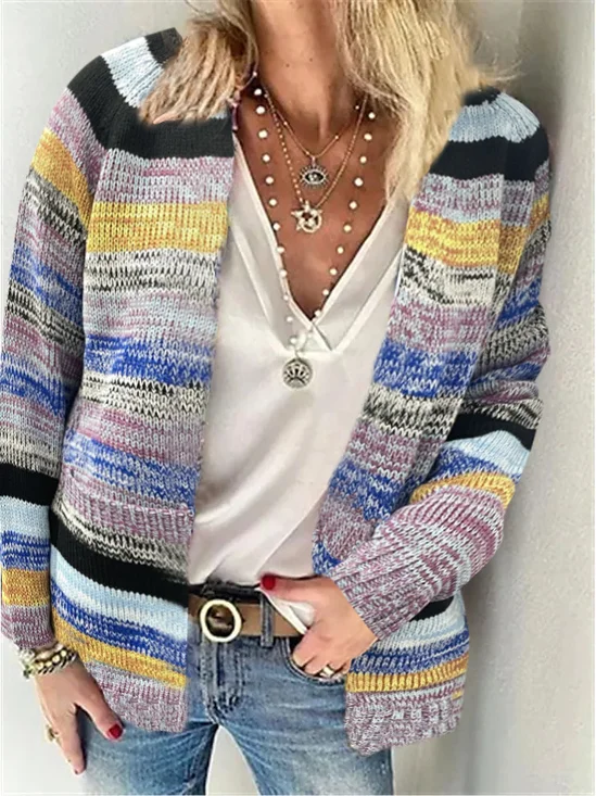 Women Yarn/Wool Yarn Multicolor Block Long Sleeve Comfy Casual Cardigan