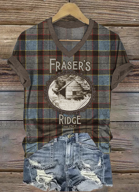 Vintage Plaid V Neck Short Sleeve T-shirt