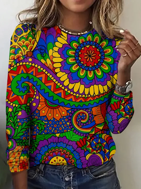 Vintage Plaid Crew Neck Long Sleeve T-shirt