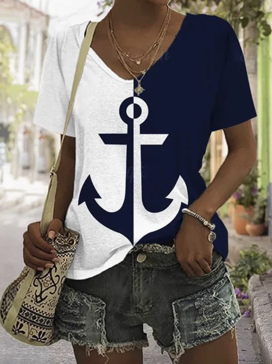 Vintage Multicolor Block V Neck Short Sleeve T-shirt