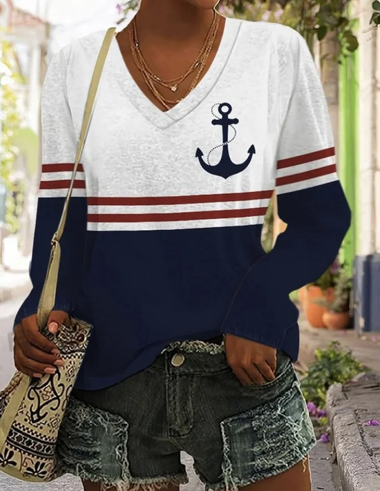 Vintage Multicolor Block V Neck Long Sleeve T-shirt