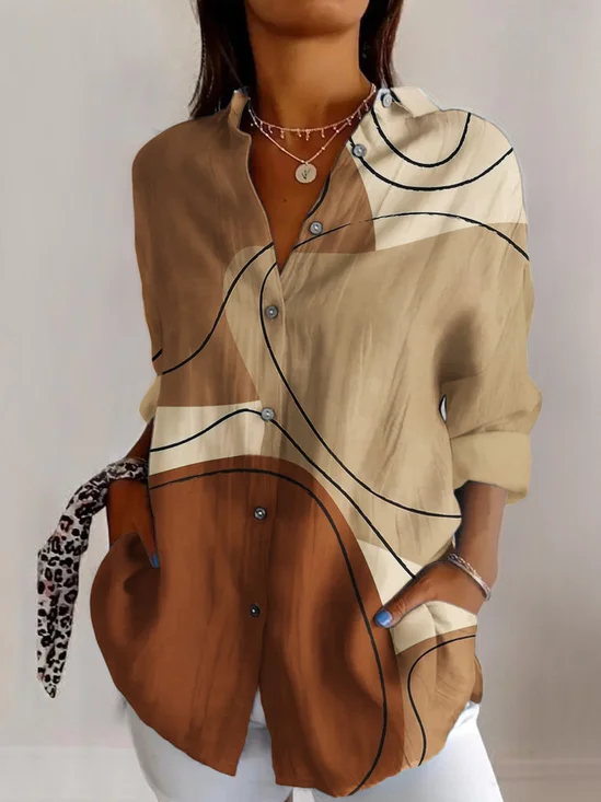 Shirt Collar Long Sleeve Geometric Regular Micro-Elasticity Regular Fit Shirt For Women