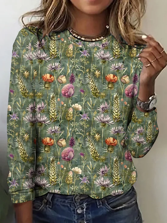 Vintage Plaid Crew Neck Long Sleeve T-shirt