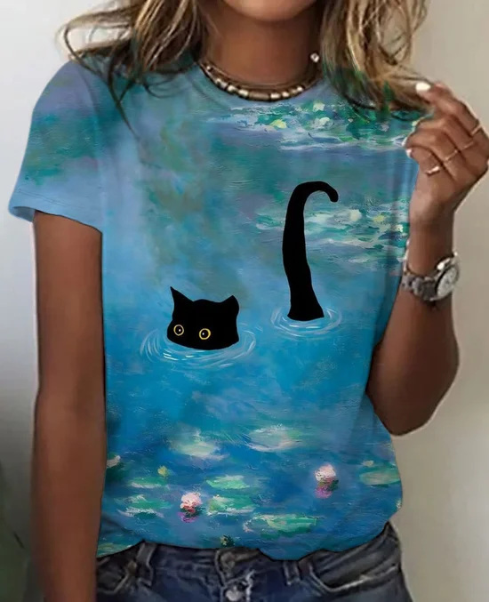 Casual Cat Print Crew Neck Short Sleeve T-shirt