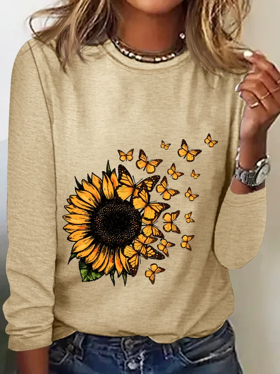 Crew Neck Long Sleeve Floral Regular Medium Elasticity Loose T-shirts For Women