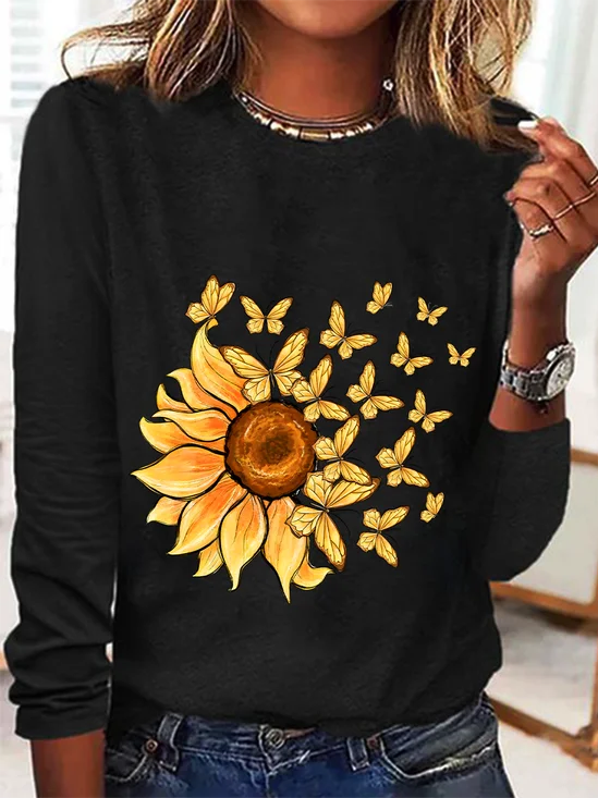 Crew Neck Long Sleeve Floral Regular Medium Elasticity Loose T-shirts For Women