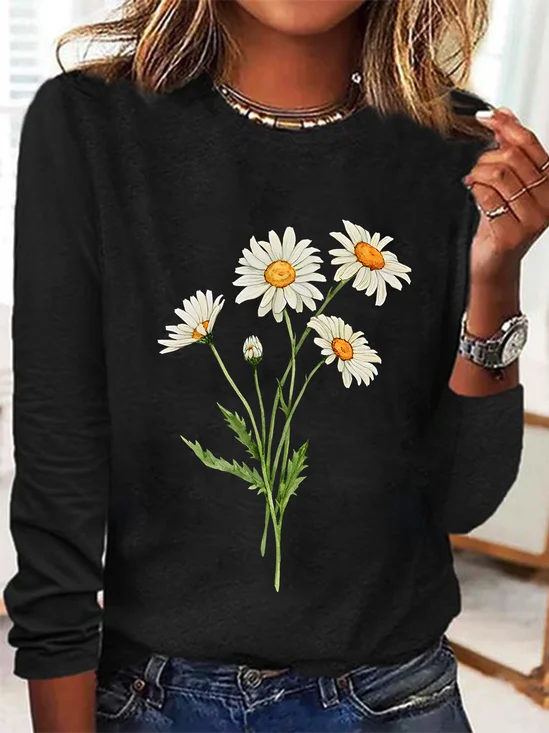 Crew Neck Long Sleeve Floral Regular Medium Elasticity Loose T-shirts For Women