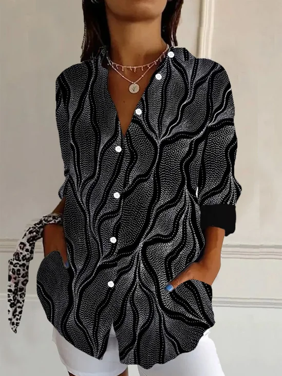 Women Geometric Casual Shirt Shirt Collar Long Sleeve Top
