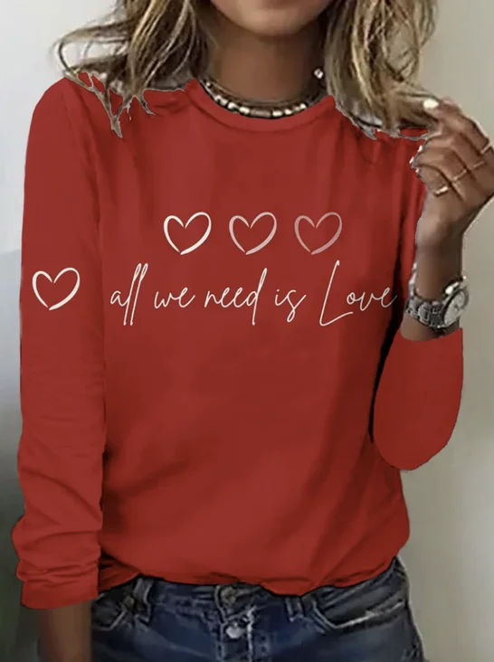 Casual Heart Printing Crew Neck Long Sleeve T-shirt