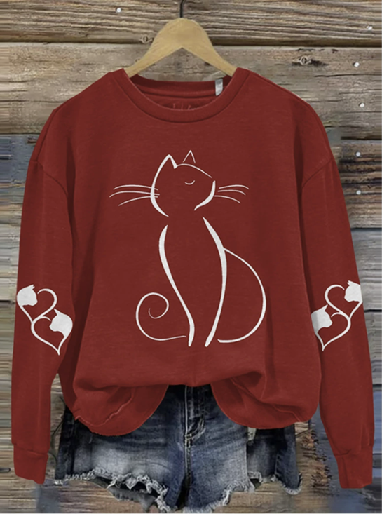 Casual Crew Neck Animal Cat Sweatshirt