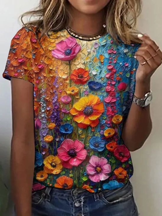 Vintage Floral Crew Neck Short Sleeve T-shirt