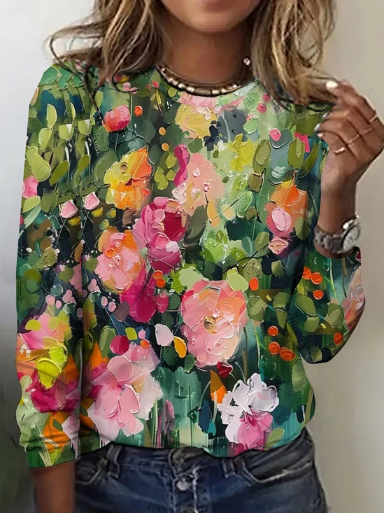 Casual Floral Crew Neck Long Sleeve T-shirt