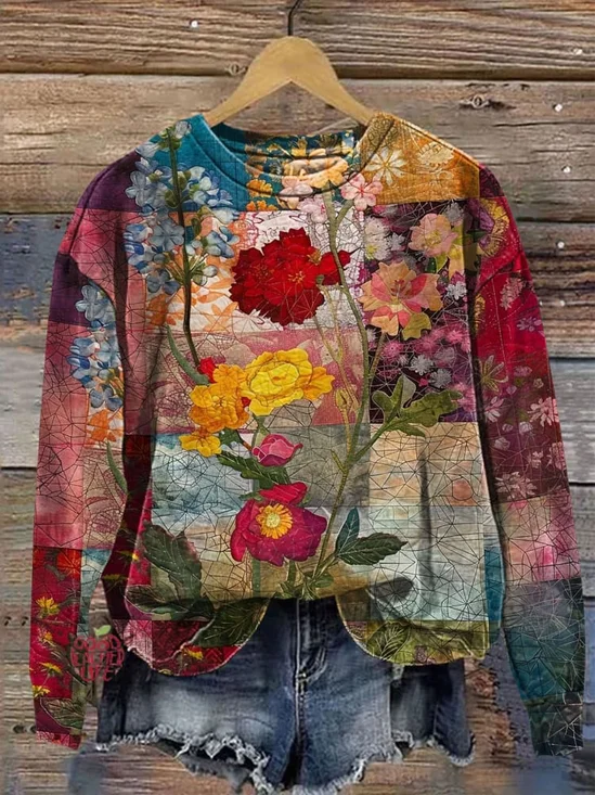 Casual Crew Neck Floral Art Print Sweatshirt