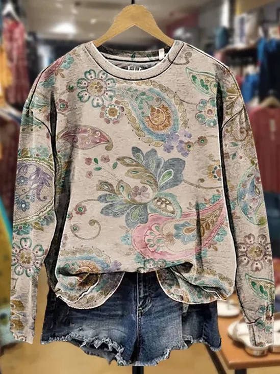 Casual Crew Neck Floral Sweatshirt Printing