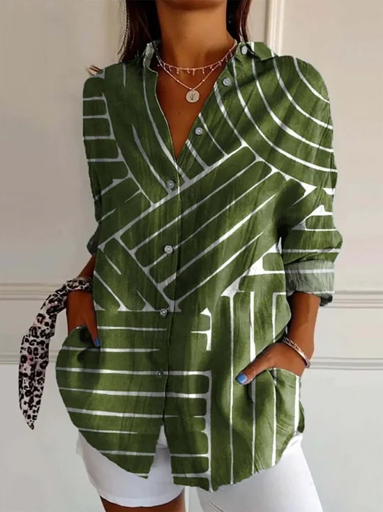 Shawl Collar Long Sleeve Striped Art Print Regular Micro-Elasticity Loose Shirt For Women