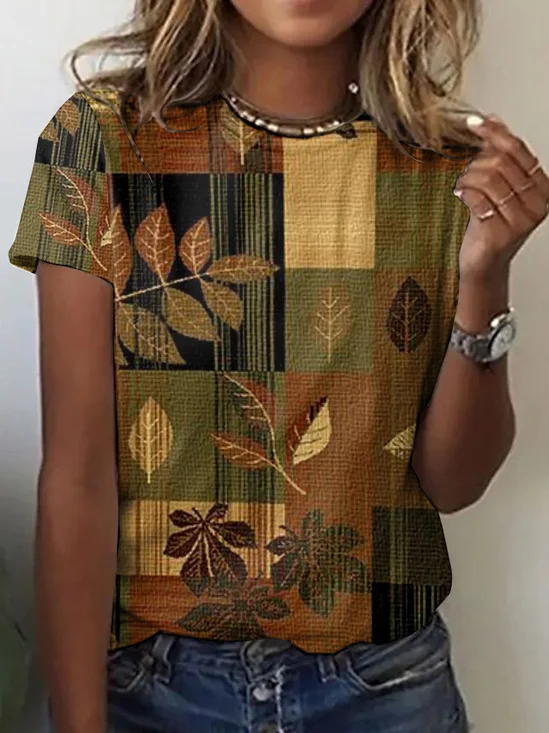 Vintage Floral Art Print Crew Neck Short Sleeve T-shirt