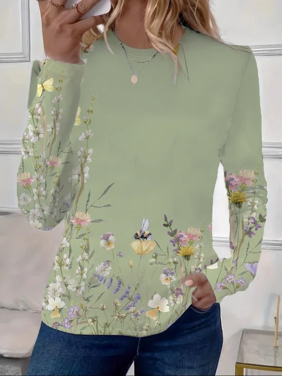 Casual Floral Crew Neck Long Sleeve T-shirt