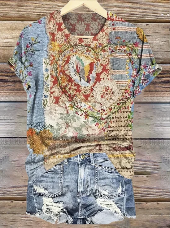 Casual Floral Crew Neck Short Sleeve T-shirt