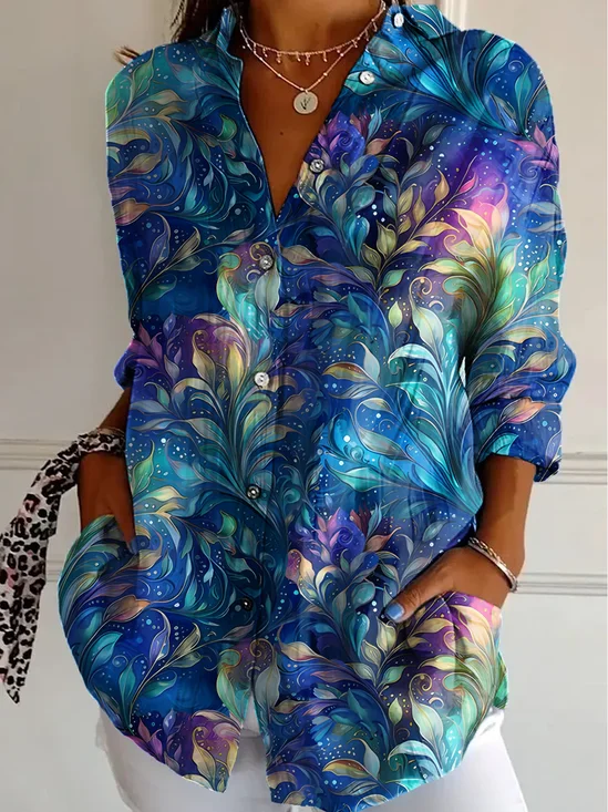 Shirt Collar Long Sleeve Floral Lightweight Regular Fit Shirt For Women