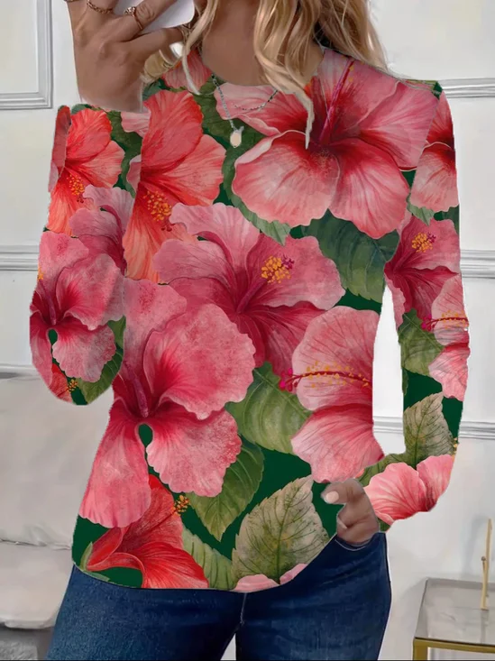 Casual Floral Crew Neck Long Sleeve T-shirt