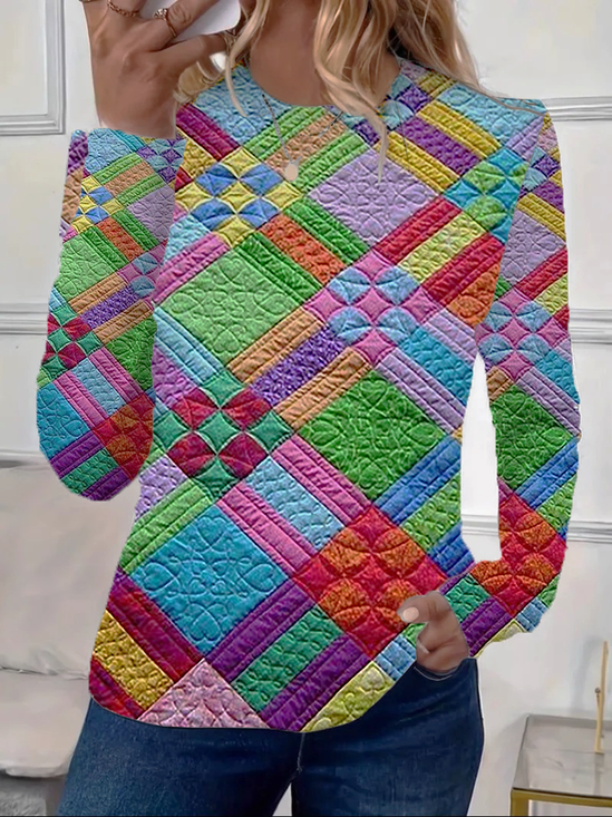 Casual Geometric Crew Neck Long Sleeve T-shirt