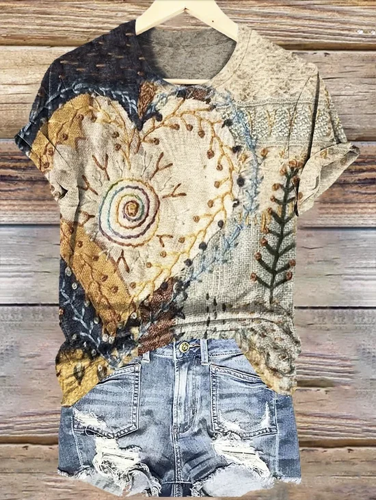 Vintage Love Heart Print Crew Neck Short Sleeve T-shirt