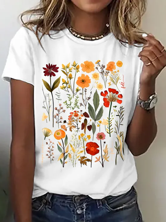 Casual Floral Crew Neck Short Sleeve T-shirt