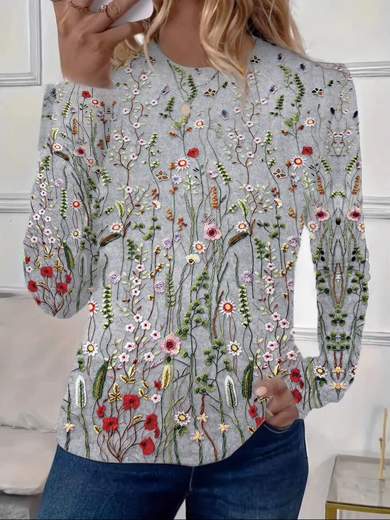 Casual Floral Crew Neck Long Sleeve T-shirt