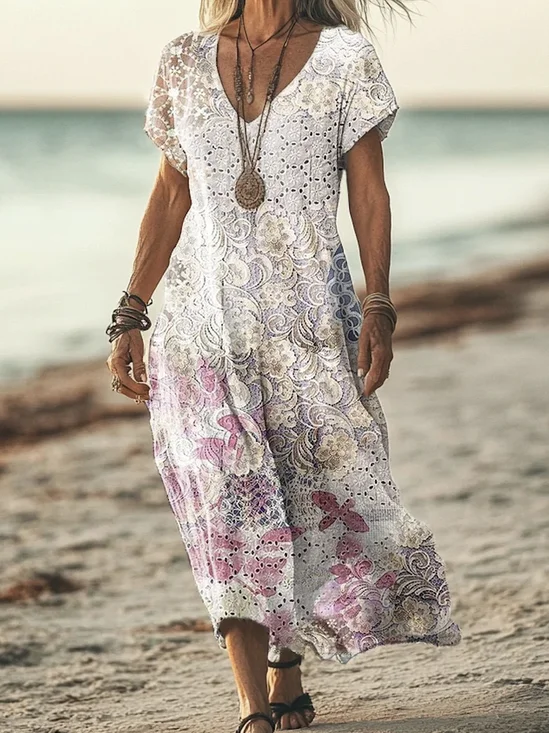 Women Floral V Neck Short Sleeve Comfy Casual Maxi Dress