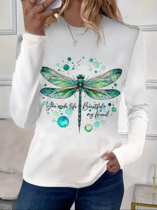 Casual Dragonfly Pattern Crew Neck Long Sleeve T-shirt