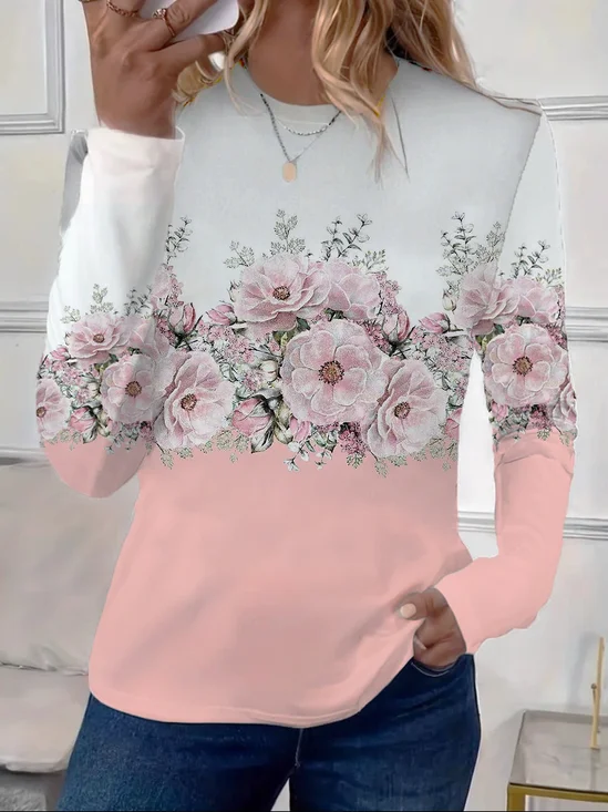 Casual Floral Pattern Crew Neck Long Sleeve T-shirt