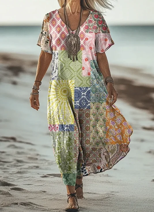 Women Geometric V Neck Short Sleeve Comfy Casual Maxi Dress