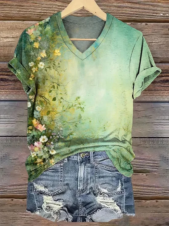 Casual Floral V Neck Short Sleeve T-shirt