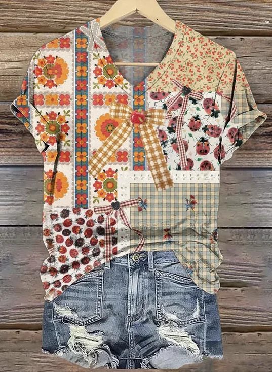 Casual Vintage Floral Art Print V Neck Short Sleeve T-shirt