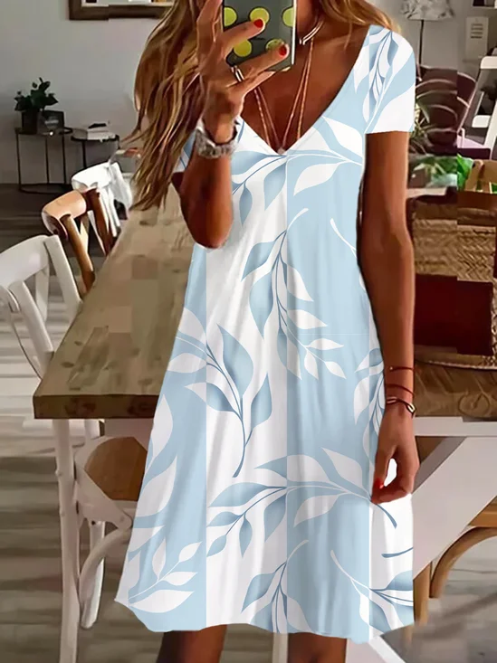 Women Floral Summer Printing Dress V Neck Short Sleeve T-Shirt Dress H-Line Dress