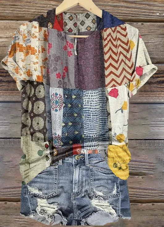 Vintage Geometric V Neck Short Sleeve T-shirt