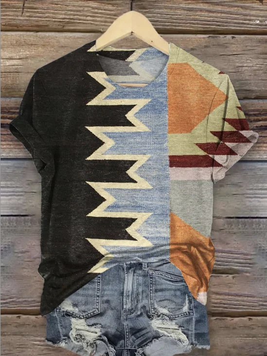 Vintage Geometric Crew Neck Short Sleeve T-shirt